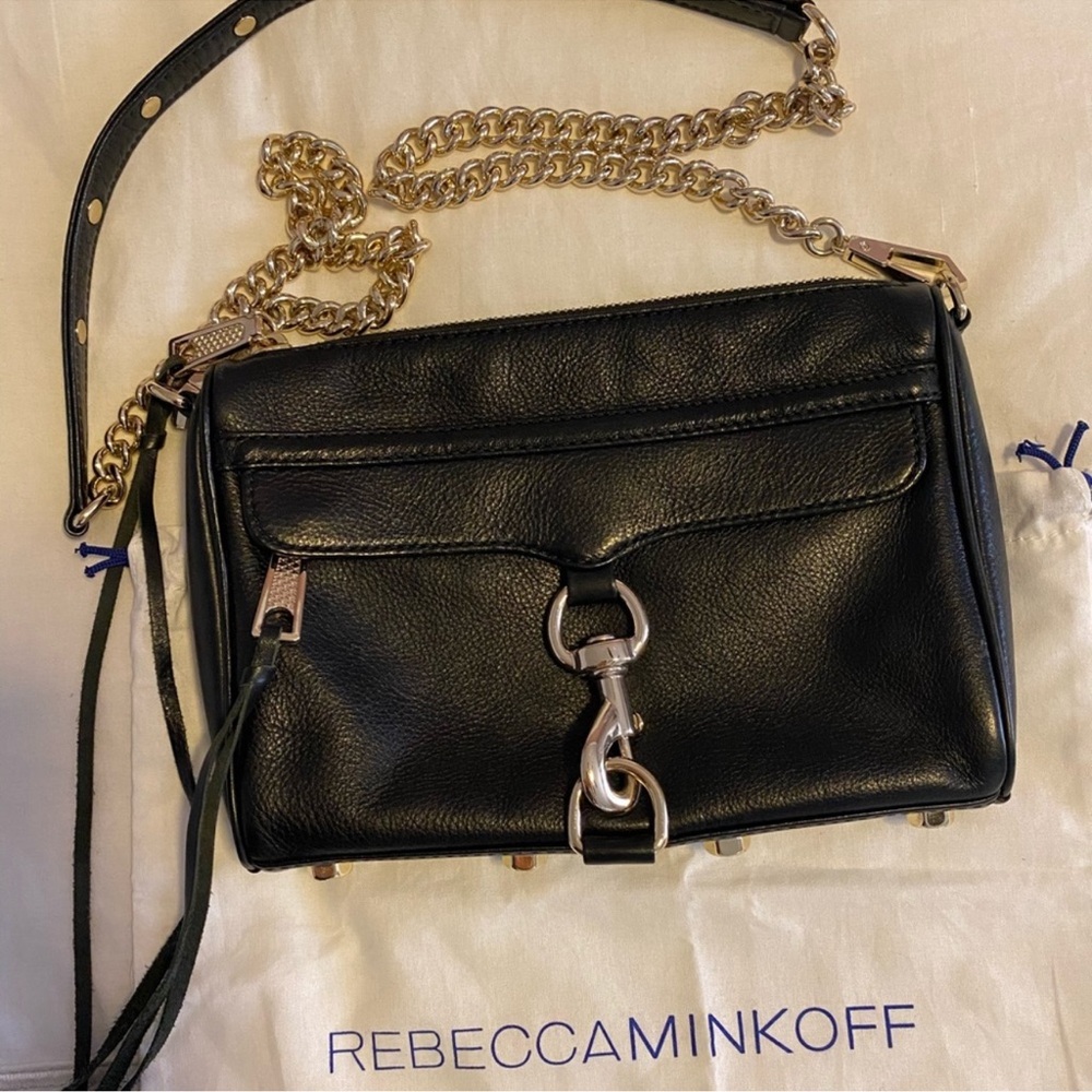 Rebecca Minkoff Black Leather Crossbody with Gold Chain
